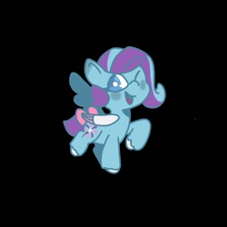 Size: 1000x1000 | Tagged: safe, artist:comicmaker, glory (g5), pegasus, pony, g5, black background, blushing, female, filly, foal, one wing out, open mouth, open smile, raised hoof, raised leg, simple background, smiling, solo, sticker design, tail, unshorn fetlocks, wings