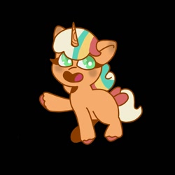 Size: 1000x1000 | Tagged: safe, artist:comicmaker, peach fizz, pony, unicorn, g5, black background, blushing, bow, female, filly, foal, horn, open mouth, open smile, pippsqueaks, raised hoof, simple background, smiling, solo, sticker design, tail, tail bow, unshorn fetlocks