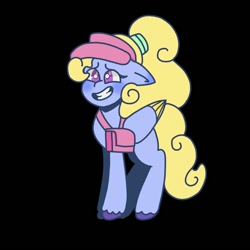 Size: 1000x1000 | Tagged: safe, artist:comicmaker, fifi (g5), pegasus, pony, g5, bag, black background, female, floppy ears, folded wings, grin, mare, nervous, nervous smile, saddle bag, satchel, simple background, smiling, solo, sticker design, tail, unshorn fetlocks, visor cap, wings