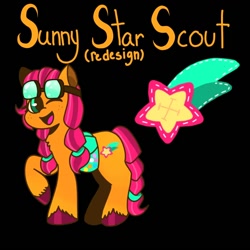 Size: 1000x1000 | Tagged: safe, artist:comicmaker, sunny starscout, earth pony, pony, g5, bag, black background, cutie mark, goggles, goggles on head, one eye closed, open mouth, open smile, raised hoof, redesign, saddle bag, simple background, smiling, solo, sticker design, tail, unshorn fetlocks, wink