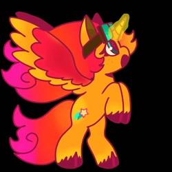 Size: 1000x1000 | Tagged: safe, artist:comicmaker, sunny starscout, alicorn, pony, g5, black background, glowing, glowing horn, goggles, goggles on head, horn, looking up, magic, magic aura, open mouth, race swap, rearing, redesign, simple background, solo, spread wings, sticker design, sunnycorn, tail, unshorn fetlocks, wings
