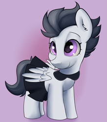 Size: 2579x2944 | Tagged: safe, artist:dumbwoofer, rumble, pegasus, pony, g4, clothes, collar, colt, cute, dress, ear fluff, femboy, foal, gradient background, maid, male, smiling, solo, spread wings, wings