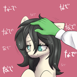 Size: 3000x3000 | Tagged: safe, artist:dumbwoofer, oc, oc:floor bored, earth pony, pony, anonymous, chest fluff, female, greasy, hand, hand on head, head pat, japanese, mare, meme, motion lines, neet, nervous, nervous smile, nervous sweat, pat, rubbing, smiling, solo, sweat, sweatdrop, sweating profusely