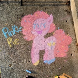 Size: 1440x1440 | Tagged: safe, artist:comicmaker, pinkie pie, earth pony, pony, g4, chalk, chalk art, chalk drawing, colored hooves, eyes closed, female, mare, open mouth, open smile, photo, smiling, solo, tail, traditional art