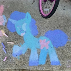 Size: 1440x1440 | Tagged: safe, artist:comicmaker, party favor, pony, unicorn, g4, chalk, chalk art, chalk drawing, horn, male, one eye closed, photo, raised hoof, solo, stallion, tongue out, traditional art, unshorn fetlocks