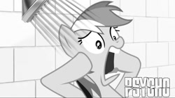Size: 1136x640 | Tagged: safe, artist:thetremendousmario, edit, edited screencap, screencap, rainbow dash, g4, black and white, female, mare, movie reference, psycho, screaming, shower, solo female, text