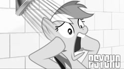 Size: 1136x640 | Tagged: safe, artist:thetremendousmario, edit, edited screencap, screencap, rainbow dash, pegasus, pony, g4, black and white, female, mare, movie reference, psycho, screaming, shower, solo, text