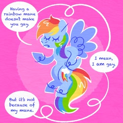 Size: 2048x2048 | Tagged: safe, artist:almadash, rainbow dash, pegasus, pony, g4, abstract background, circle background, dialogue, eyes closed, female, flying, high res, hoof on hip, implied lesbian, mare, outline, pride month, solo, speech bubble, spread wings, wings