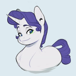 Size: 2048x2052 | Tagged: safe, artist:chub-wub, rarity, pony, unicorn, g4, agender, alternate hairstyle, blue background, blue eyes, blushing, colored, colored eyebrows, ear piercing, earring, eyeshadow, flat colors, green eyeshadow, high res, horn, jewelry, looking back, makeup, missing cutie mark, no pupils, piercing, purple mane, purple tail, requested art, ringlets, short mane, short mane rarity, simple background, smiling, solo, tail, unicorn horn, white coat