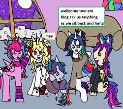 Size: 1100x968 | Tagged: safe, artist:ask-luciavampire, oc, oc:alice dreamer, oc:aurora harmony, oc:dawn evening, oc:kira nightlight, oc:riven wing, alicorn, pegasus, pony, undead, unicorn, vampire, vampony, ask, cousins, grammar error, horn, magical lesbian spawn, misspelling, offspring, parent:king sombra, parent:princess cadance, parent:princess celestia, parent:princess luna, parent:shining armor, parent:sunset shimmer, parent:twilight sparkle, parents:celestibra, parents:shiningcadance, parents:sunsetsparkle, royalty, sleepover, tumblr, tumblr:ask-royals-sleepover