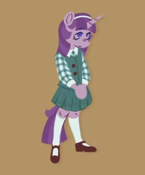 Size: 1043x1261 | Tagged: safe, artist:partyponypower, starlight glimmer, pony, unicorn, anthro, plantigrade anthro, g4, alternate universe, bangs, brown background, clothes, eyebrows, eyebrows visible through hair, eyelashes, female, filly, filly starlight glimmer, hands together, headband, horn, kneesocks, lidded eyes, lineless, long socks, mary janes, no catchlights, pleated skirt, purple eyes, purple mane, purple tail, school uniform, shoes, simple background, skirt, socks, solo, standing, straight mane, straight tail, tail, two toned mane, two toned tail, unicorn horn, vest, younger
