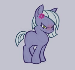 Size: 1595x1479 | Tagged: safe, artist:partyponypower, limestone pie, earth pony, pony, g4, colored, colored sketch, cross-popping veins, emanata, eyelashes, female, filly, filly limestone pie, flat colors, foal, frown, gray mane, gray tail, green eyes, narrowed eyes, purple background, purple coat, simple background, sketch, solo, standing, straight mane, straight tail, unamused