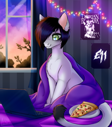 Size: 2392x2713 | Tagged: safe, artist:lina, oc, oc only, cat, cat pony, original species, bed, bedroom, blanket, cloud, computer, food, garland, laptop computer, piercing, pizza, poster, room, sitting, solo, sun, sunset, window