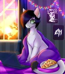 Size: 2392x2713 | Tagged: safe, alternate version, artist:lina, oc, oc only, cat, cat pony, original species, bed, bedroom, blanket, cloud, computer, food, garland, laptop computer, piercing, pizza, poster, room, sitting, sun, sunset, window