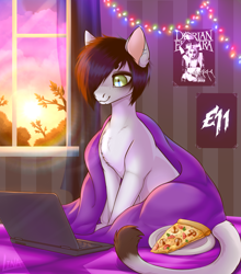 Size: 2392x2713 | Tagged: safe, alternate version, artist:lina, oc, oc only, cat, cat pony, original species, bed, bedroom, blanket, cloud, computer, food, garland, laptop computer, piercing, pizza, poster, room, sitting, solo, sun, sunset, window