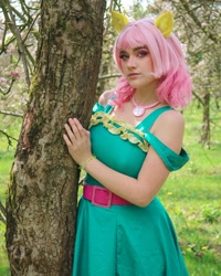Size: 1080x1351 | Tagged: safe, artist:gianaxrose, fluttershy, human, clothes, cosplay, costume, irl, irl human, photo, solo, tree