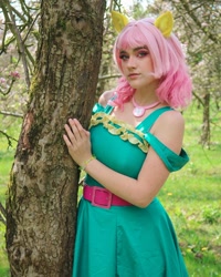 Size: 1080x1351 | Tagged: safe, artist:gianaxrose, fluttershy, human, g4, clothes, cosplay, costume, irl, irl human, photo, solo, tree