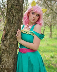 Size: 1080x1350 | Tagged: safe, artist:gianaxrose, fluttershy, human, g4, bare shoulders, clothes, cosplay, costume, irl, irl human, photo, solo, tree