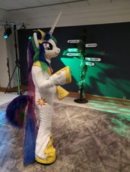 Size: 2976x3968 | Tagged: safe, artist:atalonthedeer, artist:tapewolf, princess celestia, fursuit, indoors, irl, jewelry, photo, ponysuit, regalia, solo