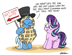 Size: 2253x1728 | Tagged: safe, artist:bobthedalek, starlight glimmer, trixie, pony, unicorn, atg 2024, bipedal, clothes, costume, cute, duo, female, hat, hoof hold, horn, mare, mascot, newbie artist training grounds, peanut costume, scrunchy face, sign, simple background, stifling laughter, top hat, weapons-grade cute, white background