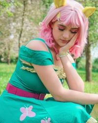 Size: 1080x1351 | Tagged: safe, artist:gianaxrose, fluttershy, human, g4, clothes, cosplay, costume, irl, irl human, photo, solo, tree