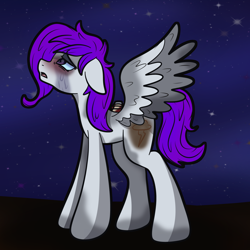 Size: 1280x1280 | Tagged: safe, artist:doodle-hooves, oc, oc only, oc:morning glory (project horizons), pegasus, pony, fallout equestria, fallout equestria: project horizons, g4, amputee, bandage, colored wings, crying, dashite, dashite brand, fanfic art, female, injured, looking up, mare, messy mane, missing limb, missing wing, night, one winged pegasus, pegasus oc, sad, shipping, signature, solo, stars, stump, two toned wings, wings