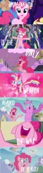 Size: 512x2048 | Tagged: safe, edit, edited screencap, screencap, pinkie pie, earth pony, pony, friendship is magic, g4, make new friends but keep discord, season 1, season 2, season 4, season 5, the return of harmony, twilight's kingdom, bipedal, chocolate, chocolate rain, female, food, he wants all of the cakes, mare, nose in the air, rain, rainbow power, rainbow power-ified, twilight's castle