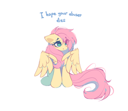 Size: 3440x3000 | Tagged: safe, artist:mirtash, fluttershy, pegasus, pony, g4, bags under eyes, blue text, colored, colored pinnae, cute, dissonant caption, ear fluff, ear tufts, eye clipping through hair, eyebrows, eyebrows visible through hair, eyelashes, female, high res, long mane, long tail, mare, no pupils, partially open wings, pink mane, pink tail, shiny eyes, shyabetes, simple background, sitting, smiling, solo, tail, teal eyes, text, white background, wing fluff, wings, yellow coat