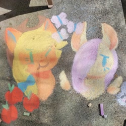 Size: 1440x1440 | Tagged: safe, artist:comicmaker, applejack, fluttershy, earth pony, pegasus, pony, g4, applejack's cutie mark, chalk, chalk art, chalk drawing, dot eyes, duo, duo female, female, fluttershy's cutie mark, hair over one eye, irl, one eye closed, photo, smiling, traditional art, wings