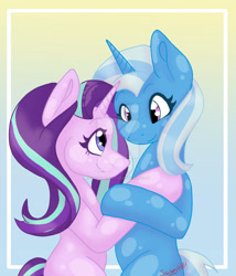 Size: 1280x1494 | Tagged: safe, artist:strawberrywolv, starlight glimmer, trixie, pony, unicorn, g4, cel shading, cute, deviantart watermark, duo, female, horn, lesbian, obtrusive watermark, shading, ship:startrix, shipping, simple background, watermark