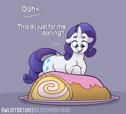 Size: 4400x4000 | Tagged: safe, artist:owloffortune, rarity, pony, unicorn, g4, cake, chubby, dialogue, food, herbivore, horn, imminent stuffing, licking, licking lips, more than one source, rarity looking at food, solo, this will end in weight gain, tongue out