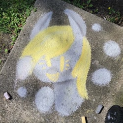 Size: 1440x1440 | Tagged: safe, artist:comicmaker, derpy hooves, pegasus, pony, g4, chalk, chalk art, chalk drawing, dot eyes, female, irl, mare, open mouth, open smile, photo, smiling, solo, traditional art