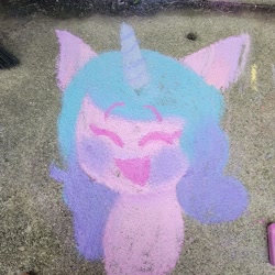 Size: 1440x1440 | Tagged: safe, artist:comicmaker, izzy moonbow, pony, unicorn, g5, blushing, chalk, chalk art, chalk drawing, eyes closed, female, horn, irl, mare, open mouth, open smile, photo, smiling, solo, traditional art