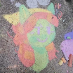 Size: 1440x1440 | Tagged: safe, artist:comicmaker, tree hugger, earth pony, pony, g4, bandana, chalk, chalk art, chalk drawing, dot eyes, female, irl, mare, photo, smiling, solo, traditional art