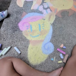 Size: 1440x1440 | Tagged: safe, artist:comicmaker, bon bon, sweetie drops, earth pony, human, pony, g4, chalk, chalk art, chalk drawing, dot eyes, female, irl, irl human, mare, photo, smiling, traditional art