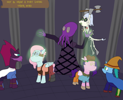 Size: 3840x3132 | Tagged: safe, artist:khazard, kerfuffle, misty brightdawn, pipp petals, skellinore, tempest shadow, mind flayer, pegasus, skeleton pony, unicorn, series:grogar's game, g4, g5, atg 2024, axe, bard, berserker, black mage, blacksmith, bone, broken horn, fantasy class, horn, mind control, newbie artist training grounds, skeleton, spellsword, weapon