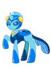Size: 874x1240 | Tagged: safe, artist:rockmangurlx, changedling, changeling, blue changeling, changedlingified, changelingified, helmet, male, mega man, mega man (series), not ocellus, ponified, raised hoof, simple background, solo, species swap, white background