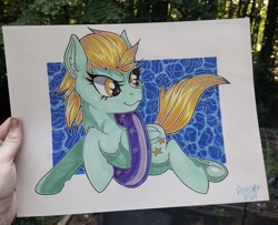 Size: 2963x2408 | Tagged: safe, artist:annuthecatgirl, lightning dust, pegasus, pony, g4, inner tube, pool toy, solo, traditional art, underhoof, water