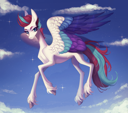 Size: 3326x2955 | Tagged: safe, artist:meggychocolatka, zipp storm, g5, beautiful, big ears, cloud, colored, colored wings, commission, commissioner:princess, concave belly, evening, eyebrows, eyelashes, female, flying, high res, large wings, looking at you, mare, multicolored wings, no source available, shading, sky, slender, solo, spread wings, starry sky, thin, unshorn fetlocks, wings