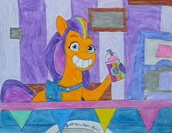 Size: 2296x1768 | Tagged: safe, artist:hoffmann10102010, sunny starscout, earth pony, g4, g5, drink, female, mane stripe sunny, smiling, smoothie, solo, traditional art