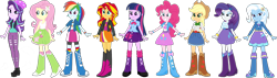 Size: 3876x1108 | Tagged: safe, artist:qbert2kcat, applejack, fluttershy, pinkie pie, rainbow dash, rarity, starlight glimmer, sunset shimmer, trixie, twilight sparkle, human, equestria girls, g4, clothes, female, humane five, humane seven, humane six, simple background, transparent background