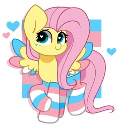 Size: 1933x2048 | Tagged: safe, artist:kittyrosie, part of a set, fluttershy, pegasus, pony, g4, blush lines, blushing, clothes, colored wings, colored wingtips, cute, female, floating heart, heart, heart eyes, heart mark, looking up, mare, multicolored wings, passepartout, pride, pride flag, pride month, pride socks, raised hoof, shadow, shyabetes, signature, simple background, smiling, socks, solo, spread wings, striped socks, trans female, trans fluttershy, transgender, transgender pride flag, turned head, walking, white background, wing fluff, wingding eyes, wings