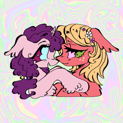 Size: 2048x2048 | Tagged: safe, artist:larvaecandy, big macintosh, sugar belle, earth pony, pony, unicorn, abstract background, alternate eye color, alternate hairstyle, back fluff, big eyes, blue eyes, blushing, bust, chest fluff, colored, colored sclera, curly mane, curved horn, duo, ear fluff, eyelashes, facing each other, fangs, female, fetlock tuft, flat colors, floppy ears, floral head wreath, flower, freckles, green sclera, hair tie, high res, horn, lesbian, lidded eyes, looking at each other, looking at someone, magenta sclera, mare, multicolored background, no pupils, nonbinary, nonbinary pride flag, open mouth, open smile, orange mane, pink coat, pink eyes, ponytail, pride, pride flag, purple coat, purple sclera, raised hooves, red coat, ship:sugarmac, shipping, short horn, smiling, smiling at each other, sparkly mane, t4t, thick eyelashes, tied mane, trans big macintosh, trans female, trans sugar belle, transgender, transgender pride flag, unicorn horn, unshorn fetlocks, wolf cut