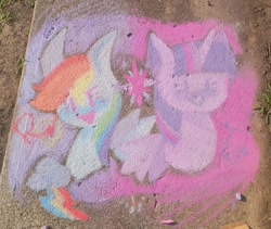 Size: 1440x1218 | Tagged: safe, artist:comicmaker, rainbow dash, twilight sparkle, alicorn, pegasus, pony, g4, chalk, chalk art, chalk drawing, dot eyes, duo, duo female, female, horn, irl, mare, open mouth, open smile, photo, rainbow dash's cutie mark, smiling, traditional art, twilight sparkle (alicorn), twilight sparkle's cutie mark, wings