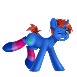 Size: 3000x3000 | Tagged: safe, artist:xcinnamon-twistx, oc, oc only, oc:cyberpon3, unicorn, bisexual, bisexual pride flag, bisexuality, clothes, commission, cute, horn, open mouth, pride, pride flag, simple background, socks, solo, striped socks, thigh highs, transparent background, ych result, your character here