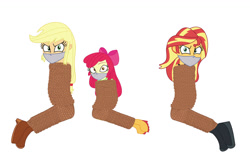 Size: 1280x822 | Tagged: safe, artist:brightstar40k, apple bloom, applejack, sunset shimmer, human, equestria girls, g4, bondage, bound and gagged, cloth gag, damsel in distress, female, gag, kidnapped, rope, rope bondage, simple background, trio, trio female, white background