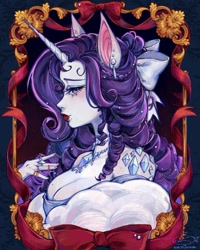 Size: 1080x1350 | Tagged: safe, artist:setomie, rarity, unicorn, anthro, g4, breasts, bust, cleavage, ear piercing, female, horn, jewelry, lipstick, looking at you, necklace, piercing, portrait, red lipstick, ring, solo