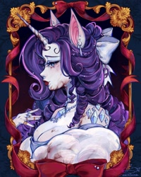 Size: 1080x1350 | Tagged: safe, alternate version, artist:setomie, rarity, unicorn, anthro, g4, blood, breasts, bust, cleavage, ear piercing, female, horn, jewelry, lipstick, looking at you, necklace, piercing, portrait, red lipstick, ring, solo