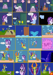 Size: 1920x2726 | Tagged: safe, artist:alexarmstrong2287, queen chrysalis, starlight glimmer, thorax, changedling, changeling, pony, unicorn, g4, abuse, bubble, cloth gag, comic, coral, gag, glimmerbuse, horn, kidnapped, king thorax, ocean, sleeping, swimming, underwater, water