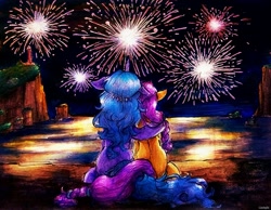 Size: 2339x1813 | Tagged: safe, artist:liaaqila, izzy moonbow, sunny starscout, earth pony, pony, unicorn, g5, arm around back, beach, boat, cliff, cuddling, cute, duo, duo female, female, fireworks, floppy ears, horn, intertwined tails, izzybetes, leaning, lesbian, lighthouse, mare, night, ship:moonscout, shipping, sunnybetes, tail, water